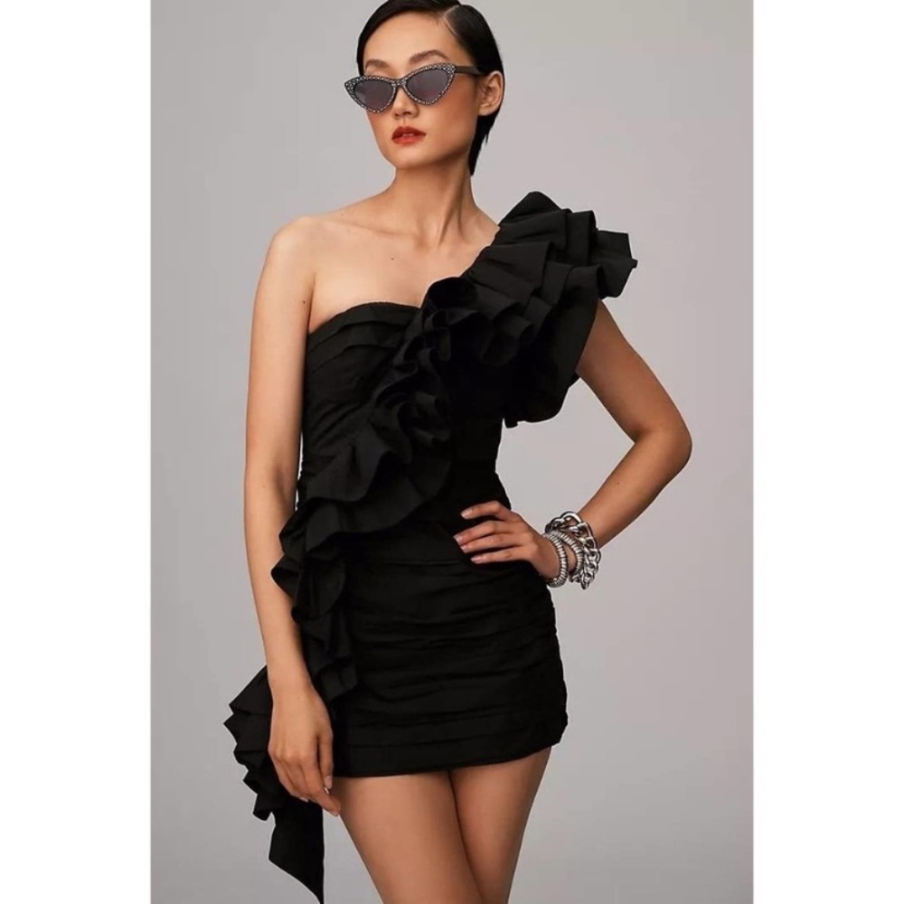 CeliaB Black Ruffled One-Shoulder Mini Dress
